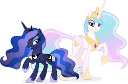Size: 1280x838 | Tagged: safe, artist:inaactive, princess celestia, princess luna, alicorn, pony, g4, alternate hairstyle, duo, duo female, female, grin, lidded eyes, looking at you, mare, raised hoof, royal sisters, siblings, simple background, sisters, smiling, smiling at you, transparent background, vector