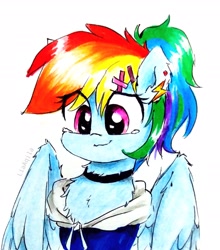 Size: 2031x2312 | Tagged: safe, artist:liaaqila, rainbow dash, pegasus, pony, g4, alternate hairstyle, chest fluff, choker, chokerdash, clothes, crying, cute, dashabetes, ear fluff, ear piercing, earring, female, high res, hoodie, jewelry, mare, piercing, simple background, solo, tears of joy, traditional art, white background