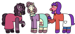 Size: 2048x944 | Tagged: safe, artist:kindheart525, oc, oc:honey bee, oc:hors d'ouerves, oc:raspberry sorbet, earth pony, pony, auraverse, american dad, beatrice horseman, bob's burgers, bojack horseman, clothes, cosplay, costume, dress, francine smith, glasses, jewelry, linda belcher, necklace, simple background, transparent background
