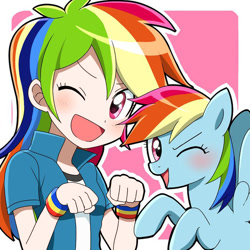 Size: 680x680 | Tagged: safe, artist:ryuu, color edit, edit, editor:michaelsety, rainbow dash, human, pegasus, pony, equestria girls, g4, anime, blushing, clothes, colored, cute, dashabetes, female, human coloration, human ponidox, jacket, light skin, light skin edit, looking at you, mare, one eye closed, open mouth, self ponidox, simple background, skin color edit, wink, wristband