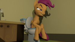 Size: 1280x720 | Tagged: safe, artist:unknownface24, scootaloo, pegasus, pony, g4, 3d, bathroom, but why, female, implied farting, implied pooping, older, older scootaloo, sitting on toilet, solo, source filmmaker, story included, taking a dump, toilet