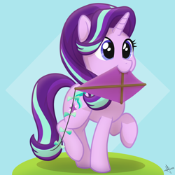Size: 2048x2048 | Tagged: safe, artist:whitequartztheartist, starlight glimmer, pony, unicorn, g4, cute, female, glimmerbetes, high res, kite, mare, mouth hold, purple mane, solo, that pony sure does love kites