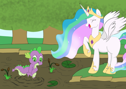 Size: 2400x1700 | Tagged: safe, artist:amateur-draw, princess celestia, spike, alicorn, pony, g4, bog, female, froggy bottom bog, laughing, mare, messy, missing cutie mark, mud, muddy, raised hoof, request, requested art, simple background, spikeabuse, stuck, swamp