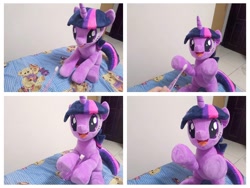 Size: 1280x960 | Tagged: safe, artist:nekokevin, twilight sparkle, human, pony, unicorn, g4, female, happy, holding, irl, irl human, looking down, mare, offscreen character, open mouth, photo, plushie, raised hoof, sitting, smiling, solo focus, toothbrush, underhoof, unicorn twilight, want