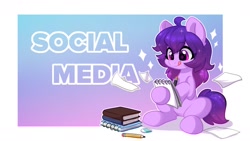 Size: 1174x660 | Tagged: safe, artist:oofycolorful, oc, oc only, oc:share dast, earth pony, pony, book, eraser, notebook, pencil, solo, tongue out