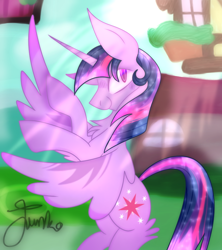 Size: 800x900 | Tagged: safe, artist:php163, twilight sparkle, alicorn, pony, g4, chest fluff, digital art, female, looking offscreen, mare, outdoors, paint tool sai, rearing, signature, smiling, solo, spread wings, sunlight, twilight sparkle (alicorn), wings
