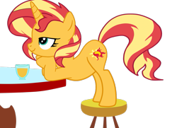 Size: 1345x972 | Tagged: safe, artist:gmaplay, sunset shimmer, pony, unicorn, g4, ass up, bunset shimmer, butt, chair, female, juice, lemonade, plot, romantic, simple background, solo, table, transparent background