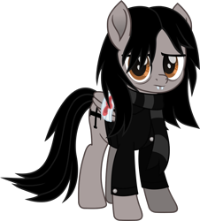 Size: 1071x1183 | Tagged: safe, artist:lightningbolt, derpibooru exclusive, pegasus, pony, g4, .svg available, bags under eyes, bandage, bandaged wing, blood, bound wings, broken wing, clothes, fangs, folded wings, frown, gerard way, hair over one eye, jacket, lidded eyes, movie accurate, my chemical romance, ponified, scarf, simple background, standing, svg, transparent background, vector, wings