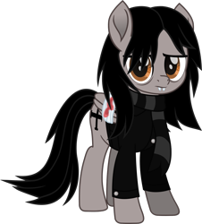 Size: 1071x1183 | Tagged: safe, artist:lightningbolt, derpibooru exclusive, pegasus, pony, g4, .svg available, bags under eyes, bandage, bandaged wing, blood, bound wings, broken wing, clothes, fangs, folded wings, frown, gerard way, hair over one eye, jacket, lidded eyes, male, movie accurate, my chemical romance, ponified, scarf, simple background, stallion, standing, svg, transparent background, vector, wings