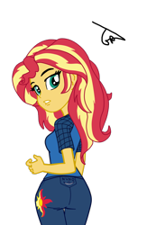 Size: 1054x1440 | Tagged: safe, artist:gmaplay, idw, sunset shimmer, equestria girls, g4, spoiler:comic, spoiler:comicequestriagirlsmarchradness, ass, behind, bunset shimmer, butt, clothes, female, looking back, multicolored hair, shirt, shorts, simple background, solo, sports shorts, sporty style, t-shirt, transparent background, yellow skin