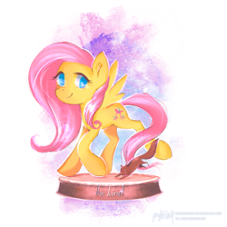 Size: 1200x1200 | Tagged: safe, artist:greyredroy, part of a set, fluttershy, pegasus, pony, squirrel, fallout equestria, g4, abstract background, be kind, fanfic art, female, figurine, looking at you, mare, ministry mares, ministry mares statuette, raised leg, smiling, solo, spread wings, standing, statuette, three quarter view, wings