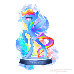 Size: 1200x1200 | Tagged: safe, artist:greyredroy, part of a set, rainbow dash, pegasus, pony, fallout equestria, g4, abstract background, bipedal, fanfic art, female, figurine, mare, ministry mares, ministry mares statuette, open mouth, profile, raised hoof, reaching, solo, spread wings, standing, statuette, wings