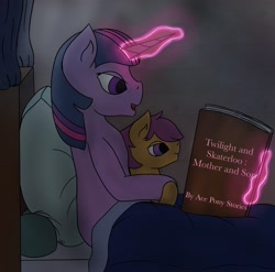 Size: 2429x2401 | Tagged: safe, artist:snow quill, scootaloo, twilight sparkle, pony, unicorn, fanfic:twilight and skaterloo: mother and son, g4, bed, book, commission, cover art, high res, magic, night, reading, rule 63, skaterloo, story in the source, unicorn twilight