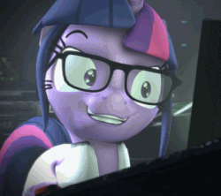 Size: 450x400 | Tagged: safe, artist:argodaemon, sci-twi, twilight sparkle, alicorn, pony, 3d, animated, clothes, crazy grin, creepy, female, gif, glasses, grin, heavy breathing, lab coat, mad scientist, mad scientist grin, mare, rocket surgery, science, scitwilicorn, smiling, solo, source filmmaker, twilight snapple, twilight sparkle (alicorn)