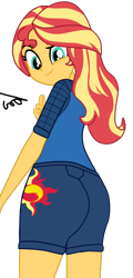 Size: 540x1129 | Tagged: safe, artist:gmaplay, sunset shimmer, equestria girls, g4, spoiler:comic, spoiler:comicequestriagirlsmarchradness, ass, behind, bunset shimmer, butt, buttocks outline, clothes, female, long hair, looking back, multicolored hair, shirt, shorts, simple background, solo, sports shorts, sporty style, t-shirt, transparent background, yellow skin