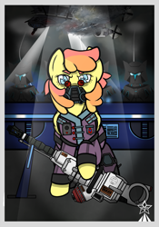 Size: 2097x3000 | Tagged: safe, artist:devorierdeos, oc, oc only, oc:roumi, pegasus, pony, fallout equestria, box of weapons, enclave, enclave armor, enclave officer, enclave raptor, energy weapon, female, glasses, grand pegasus enclave, heavy weapon, high res, mare, millitary uniform, respirator, solo focus, weapon