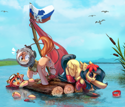 Size: 1207x1034 | Tagged: safe, artist:amishy, artist:ariamidnighters, artist:rexyseven, oc, oc only, oc:lily waterdrop, oc:rusty gears, bird, earth pony, pegasus, pony, seagull, boots, cattails, clinging, collaboration, diving helmet, female, flag, floating, mare, raft, reaching, reeds, shoes, snorkel, stretching, tangled up, underhoof