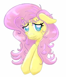 Size: 1280x1492 | Tagged: dead source, safe, artist:nedemai, fluttershy, pony, g4, blushing, bust, cheek fluff, female, floppy ears, looking at you, mare, no pupils, portrait, simple background, smiling, solo, stray strand, three quarter view, white background