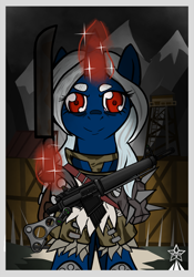 Size: 2097x3000 | Tagged: safe, artist:devorierdeos, oc, oc:aliot twinkle, pony, unicorn, fallout equestria, ambush, assault rifle, female, glowing horn, gun, high res, horn, looking at you, mare, mountain, raider, raider armor, rifle, robbery, snow, solo, village, wasteland, weapon
