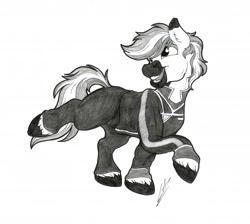 Size: 2724x2440 | Tagged: safe, artist:lupiarts, oc, oc only, oc:yaktan, earth pony, pony, babylon 5, black and white, clothes, grayscale, high res, monochrome, patreon, patreon reward, simple background, solo, traditional art, uniform, unshorn fetlocks, white background