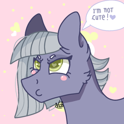 Size: 768x768 | Tagged: safe, artist:valkiria, derpibooru exclusive, limestone pie, earth pony, pony, g4, angry, blatant lies, blushing, cute, denial's not just a river in egypt, female, heart, i'm not cute, limetsun pie, mare, pink background, simple background, solo, speech bubble, tsundere