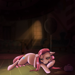 Size: 2500x2500 | Tagged: safe, artist:nyanpiyaa, pinkie pie, earth pony, pony, g4, balloon, cider, female, floppy ears, hangover, high res, lying down, mare, morning ponies, pinkamena diane pie, pinkie's bedroom, sad, solo, tired