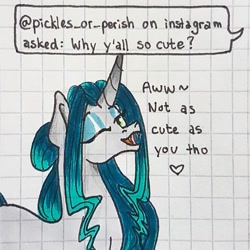 Size: 1080x1080 | Tagged: safe, artist:galaxy.in.mind, oc, oc only, oc:crystal dawn, changepony, pony, unicorn, ask, bust, female, graph paper, heart, horn, magical lesbian spawn, makeup, mare, offspring, one eye closed, open mouth, parent:princess celestia, parent:queen chrysalis, parents:chryslestia, solo, traditional art, unicorn oc, wink