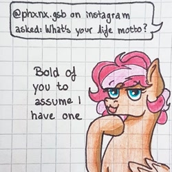 Size: 1080x1080 | Tagged: safe, artist:galaxy.in.mind, oc, oc only, oc:cora, pegasus, pony, ask, bust, female, graph paper, mare, open mouth, pegasus oc, smiling, solo, thinking, traditional art, wings