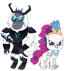 Size: 2448x2602 | Tagged: safe, artist:supahdonarudo, queen novo, storm king, classical hippogriff, hippogriff, yeti, g4, g4.5, my little pony: pony life, my little pony: the movie, angry, chibi, cross-popping veins, cute, g4 to g4.5, glare, high res, novobetes, scowl, simple background, staff, staff of sacanas, stormabetes, style emulation, transparent background