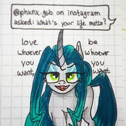Size: 1080x1080 | Tagged: safe, artist:galaxy.in.mind, oc, oc only, oc:crystal dawn, changepony, hybrid, pony, unicorn, ask, bedroom eyes, bust, female, graph paper, heart, horn, magical lesbian spawn, makeup, mare, offspring, open mouth, parent:princess celestia, parent:queen chrysalis, parents:chryslestia, solo, traditional art, unicorn oc