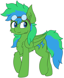 Size: 4140x5076 | Tagged: safe, artist:skylarpalette, oc, oc only, oc:shockie, pegasus, pony, cheek fluff, chest fluff, colored, cute, ear fluff, flat colors, fluffy, full body, goggles, looking back, male, pegasus oc, simple background, smiling, solo, stallion, transparent background, walking, wings