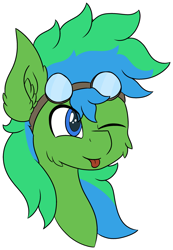 Size: 1973x2850 | Tagged: safe, artist:skylarpalette, oc, oc only, oc:shockie, pegasus, pony, :p, blue eyes, bust, cheek fluff, colored, ear fluff, flat colors, goggles, green fur, happy, male, pegasus oc, simple background, solo, stallion, tongue out, transparent background, wings