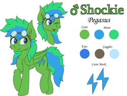 Size: 8000x6000 | Tagged: safe, artist:skylarpalette, oc, oc only, oc:shockie, pegasus, pony, :p, blue eyes, cheek fluff, chest fluff, colored, cute, ear fluff, flat colors, fluffy, full body, goggles, green fur, looking back, male, pegasus oc, reference sheet, simple background, smiling, solo, stallion, tongue out, walking, white background, wings