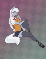 Size: 1886x2400 | Tagged: safe, artist:scorpdk, silver spoon, earth pony, anthro, unguligrade anthro, g4, abstract background, adorasexy, beautiful, beautisexy, big breasts, bracelet, braid, breasts, busty silver spoon, checkered background, clothes, cute, eyebrows, eyebrows visible through hair, eyelashes, female, glasses, grey hair, happy, high heels, hoof shoes, jewelry, leg focus, legs, lips, looking at you, mare, meganekko, miniskirt, necktie, older, older silver spoon, one eye closed, open mouth, plaid skirt, pleated skirt, pose, school uniform, schoolgirl, seductive, sexy, shoes, silverbetes, simple background, skindentation, skirt, smiling, smiling at you, socks, solo, stiletto heels, stockings, stupid sexy silver spoon, sultry pose, sweater puppies, sweater vest, thigh highs, thighs, vest, white hair, wink, winking at you, zettai ryouiki