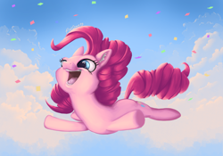Size: 2388x1668 | Tagged: safe, artist:pinkocean93, pinkie pie, earth pony, pony, blue eyes, celebration, cloud, confetti, cute, diapinkes, ear fluff, female, happy, jumping, mare, open mouth, simple background, sky, smiling, solo, teeth