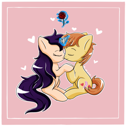 Size: 1000x1000 | Tagged: safe, artist:kathleen oday, feather bangs, oc, oc:melody verve, earth pony, pony, unicorn, g4, beautiful, canon x oc, commission, cute, eyes closed, flower, heart, kissing, levitation, love, magic, rose, shipping, simple background, smiling, telekinesis