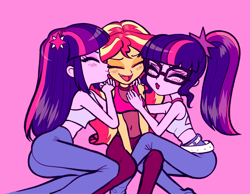 Size: 3100x2400 | Tagged: safe, artist:rileyav, sci-twi, sunset shimmer, twilight sparkle, human, equestria girls, g4, adorasexy, adorkable, belly button, blushing, cheek kiss, clothes, cute, dork, eyes closed, female, high res, lesbian, lucky bastard, midriff, open mouth, polyamory, sci-twiabetes, see-through, self paradox, selfcest, sexy, shimmerbetes, ship:sci-twishimmer, ship:sci-twitwi, ship:sunset twiangle, ship:sunsetsparkle, ship:twitwi, shipping, short shirt, sleeveless, smiling, sunset gets all the twilights, trio, twiabetes, twilight sparkle (alicorn), twolight