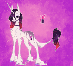 Size: 2326x2081 | Tagged: safe, artist:iheyyasyfox, oc, oc only, pony, unicorn, choker, female, fluffy, high res, horn, looking at you, magical lesbian spawn, mare, offspring, parent:rarity, parent:sunset shimmer, parents:sunsarity, pink background, simple background, solo, unshorn fetlocks