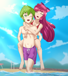 Size: 1716x1920 | Tagged: safe, alternate version, artist:thebrokencog, apple bloom, spike, human, g4, anime, apple bloom's bow, beach, bikini, bow, clothes, commission, eyes closed, female, hair bow, humanized, male, one eye closed, piggyback ride, sand, ship:spikebloom, shipping, shorts, straight, swimsuit, water, wink