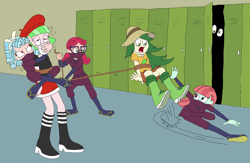 Size: 1474x963 | Tagged: safe, artist:bugssonicx, alizarin bubblegum, cozy glow, melon mint, sweet leaf, watermelody, human, equestria girls, g4, bondage, bow, brightly colored ninjas, canterlot high, captured, chloroform, crystal prep academy students, female, fight, implied derpy hooves, kunoichi, lasso, lockers, martial arts, mask, ninja, rope, sandals, surprised, sweep kick