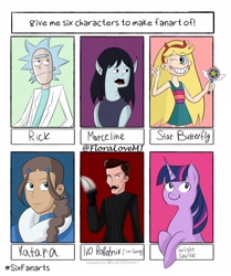 Size: 1809x2160 | Tagged: safe, artist:flame_heart_98, twilight sparkle, human, pony, unicorn, g4, adventure time, avatar the last airbender, clothes, crossover, doctor eggman, facial hair, female, katara, lab coat, male, marceline, mare, moustache, one eye closed, rick and morty, rick sanchez, six fanarts, smiling, sonic the hedgehog (series), star butterfly, star vs the forces of evil, unicorn twilight, wink