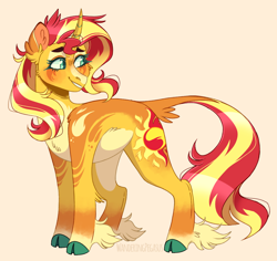 Size: 1024x968 | Tagged: safe, artist:wanderingpegasus, sunset shimmer, classical unicorn, pony, unicorn, g4, alternate hairstyle, blushing, cloven hooves, female, grin, horn, leg fluff, leonine tail, mare, markings, pale belly, pink background, redesign, simple background, smiling, solo, unshorn fetlocks