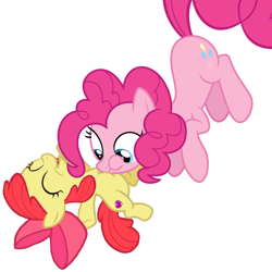 Size: 1080x1080 | Tagged: safe, artist:princessdestiny200i, apple bloom, pinkie pie, earth pony, pony, g4, apple bloom's bow, bow, eyes closed, female, filly, hair bow, laughing, mare, open mouth, raspberry, simple background, tickle torture, tickling, tummy buzz, white background