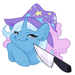 Size: 1200x1200 | Tagged: safe, artist:h-analea, trixie, pony, unicorn, g4, :3, clothes, female, hat, knife, knife cat, looking at you, mare, simple background, smug, transparent background, trixie's hat