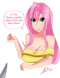 Size: 2550x3300 | Tagged: safe, artist:manhunterj, fluttershy, twilight sparkle, human, g4, breasts, busty fluttershy, cleavage, high res, humanized, imminent murder, open mouth, this will end in pain