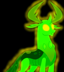 Size: 3083x3454 | Tagged: safe, artist:mellow91, artist:sketchmcreations, edit, thorax, oc, oc only, oc:the supreme being, changedling, changeling, g4, triple threat, black background, changeling king, glowing eyes, high res, king thorax, possessed, simple background, solo, vector, yellow eyes