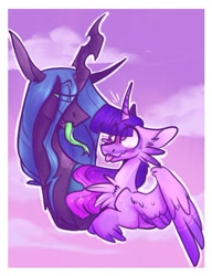 Size: 799x1039 | Tagged: safe, artist:rockin_candies, queen chrysalis, twilight sparkle, alicorn, changeling, changeling queen, pony, g4, cheek fluff, chest fluff, female, lesbian, ship:twisalis, shipping, tongue out, twilight sparkle (alicorn)