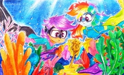 Size: 3363x2046 | Tagged: safe, artist:liaaqila, rainbow dash, scootaloo, equestria girls, g4, commission, high res, scepter, traditional art, twilight scepter, underwater
