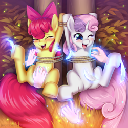 Size: 1280x1280 | Tagged: safe, artist:shoggoth-tan, apple bloom, sweetie belle, earth pony, pony, unicorn, g4, adorable distress, adorabloom, armpit tickling, autumn, belly tickling, bloomsub, blushing, bondage, cute, diasweetes, disembodied hand, entire body tickling, eyes closed, feather, female, femsub, filly, forest, hand, hoof tickling, laughing, magic, magic hands, one eye closed, open mouth, personal space invasion, rope, rope bondage, submissive, sweetiesub, tears of laughter, tickle torture, tickling, underhoof