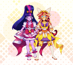 Size: 1773x1566 | Tagged: safe, artist:herrmann1018, sci-twi, sunset shimmer, twilight sparkle, equestria girls, g4, abstract background, alternate hairstyle, clothes, cosplay, costume, crossover, cure flora, cure twinkle, go princess precure, go! princess precure, grin, smiling